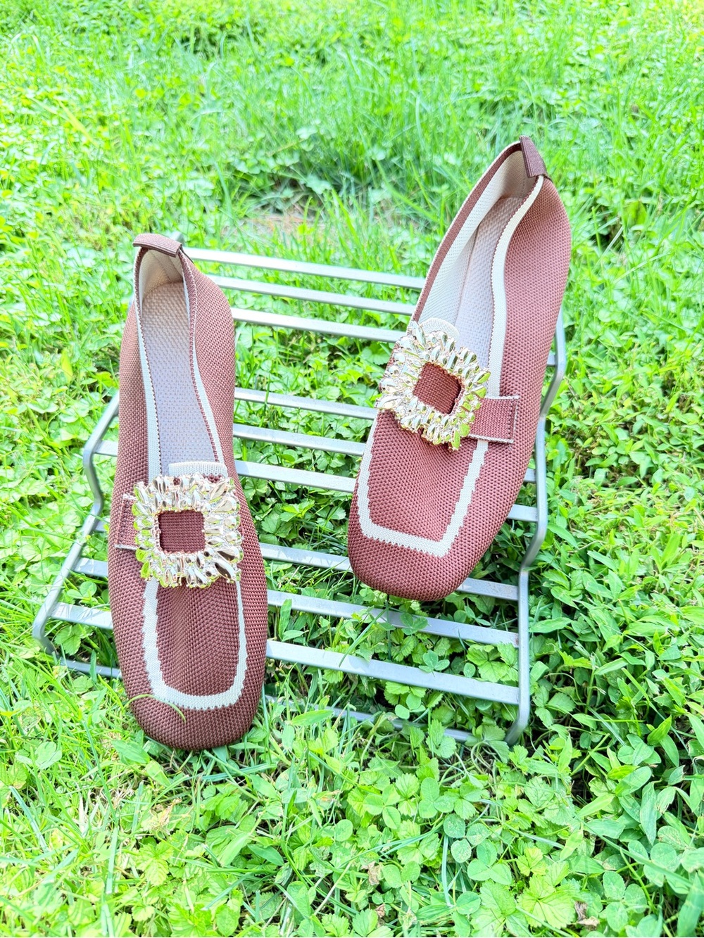 Women's Brown Embellished Square-Toe Flats